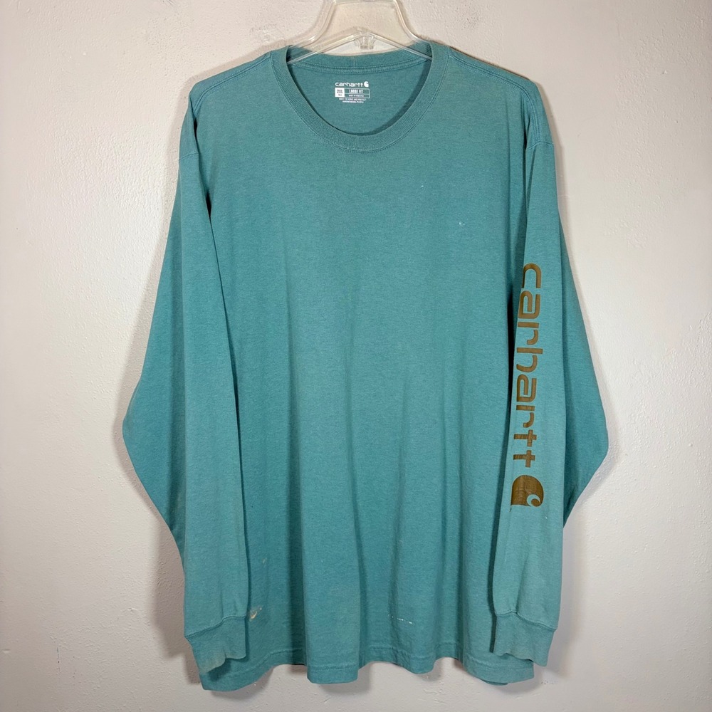 Carhartt Shirt Mens 2XLT Teal Heavyweight Long‎ Sleeve Graphic Distressed Work
